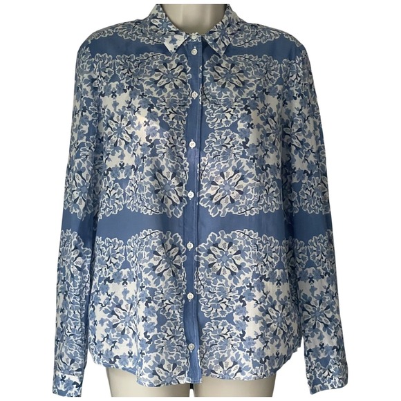 Sezane Tops - Sézane Pierro Shirt 34 XS Blue White Floral Organic Cotton Button Front Portugal